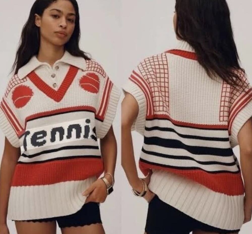Maeve Tennis Twofer Sweater Vest Womens XS Cream Red Cotton Oversized Preppy